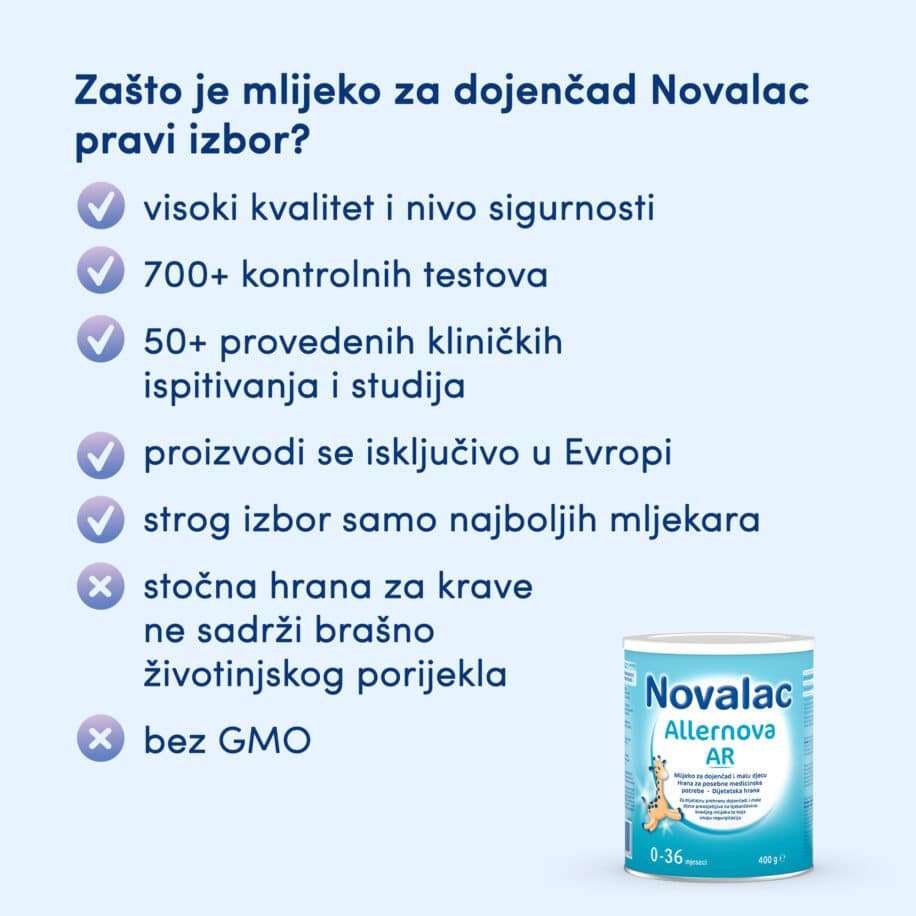 Novalac Allernova 400g USP – specijalizirana formula za djecu s alergijama na bjelančevine kravljeg mlijeka.
