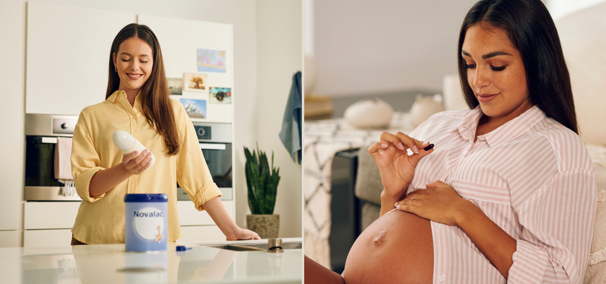 Mamica priprema Novalac formulu, trudnica gleda Novalac prenatalnu kapsulu – zdravi trenuci za majku i bebu.