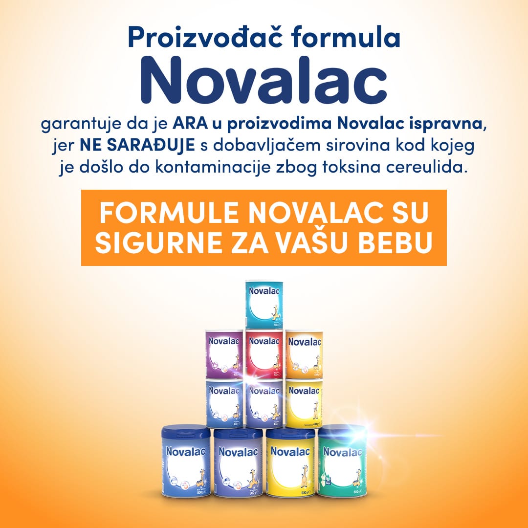 Proizvođač formula Novalac garantuje da je ARA u proizvodima Novalac ispravna, jer ne sarađuje s dobavljačem sirovina kod kojeg je došlo do kontaminacije zbog toksina cereulida.